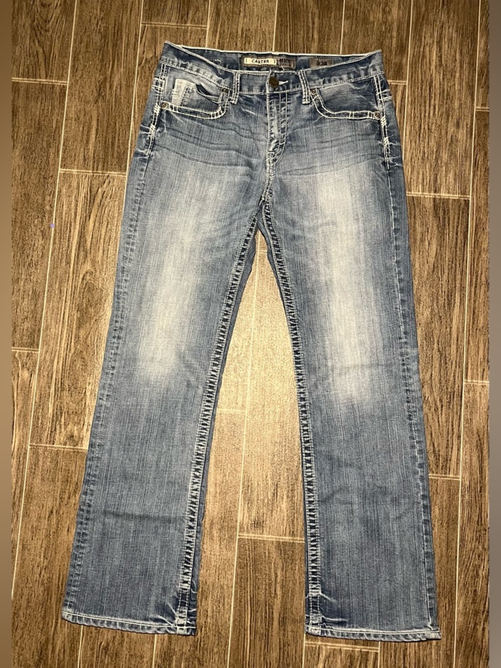 BKE Carter Bootleg Jeans Mens 32R Blue Distressed Stretch Denim Low Rise